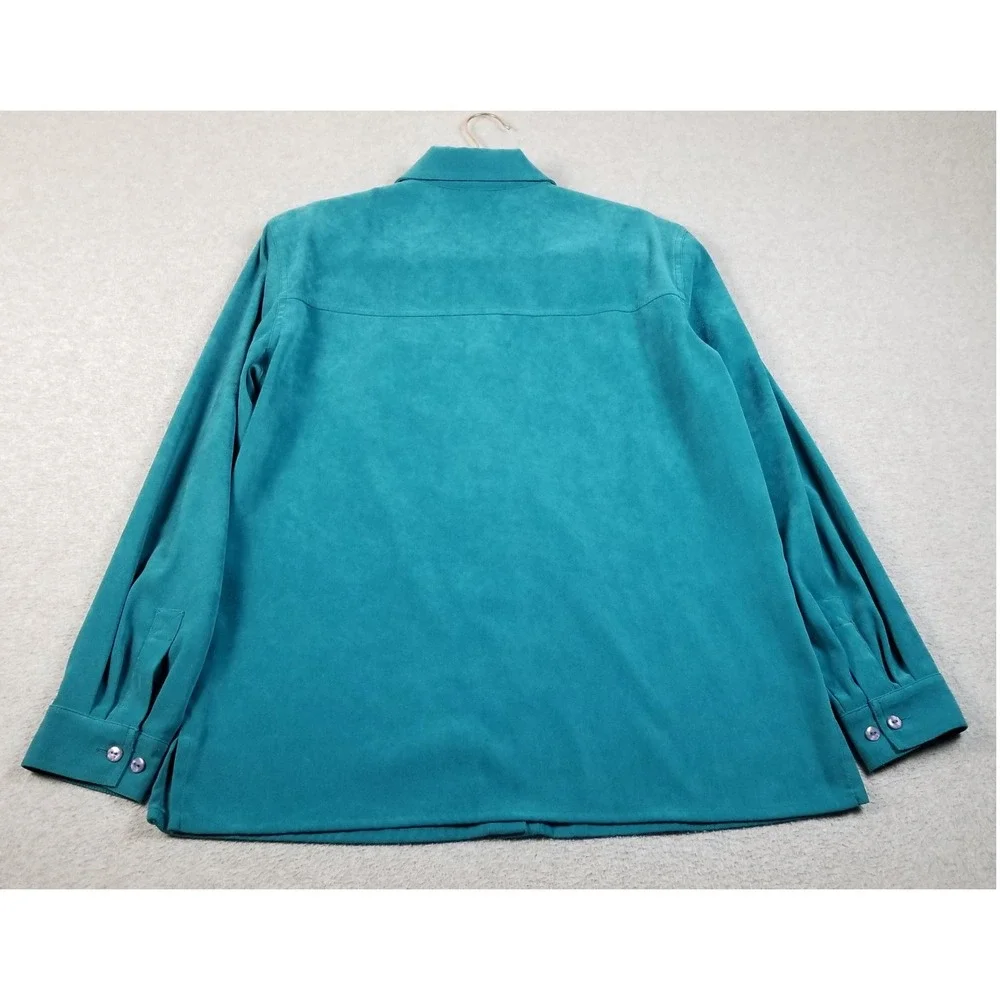 Allison Daley Button Up Shirt Women 12 Green Faux Suede Long Sleeve Collared Top